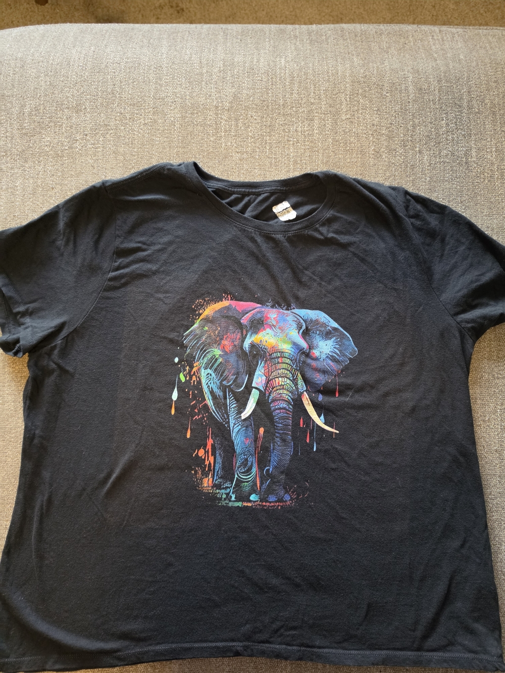 Ladies Black T-Shirt with Colorful Elephant Graphic Size XL